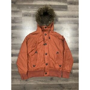 American Eagle Jacket Size Large Orange Fuax  Fur Hood Parka Bomber